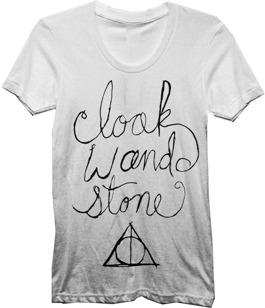 Harry Potter Cloak Wand & Stone T-Shirt - Deathly Hallows: Cloack of Invisibility, Elder Wand, & Resurrection Stone - Angel Effect Shop
